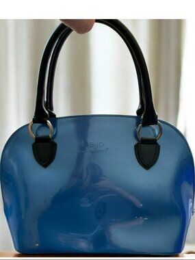 Beijo Shiny Patent Blue Satchel with Black Handles